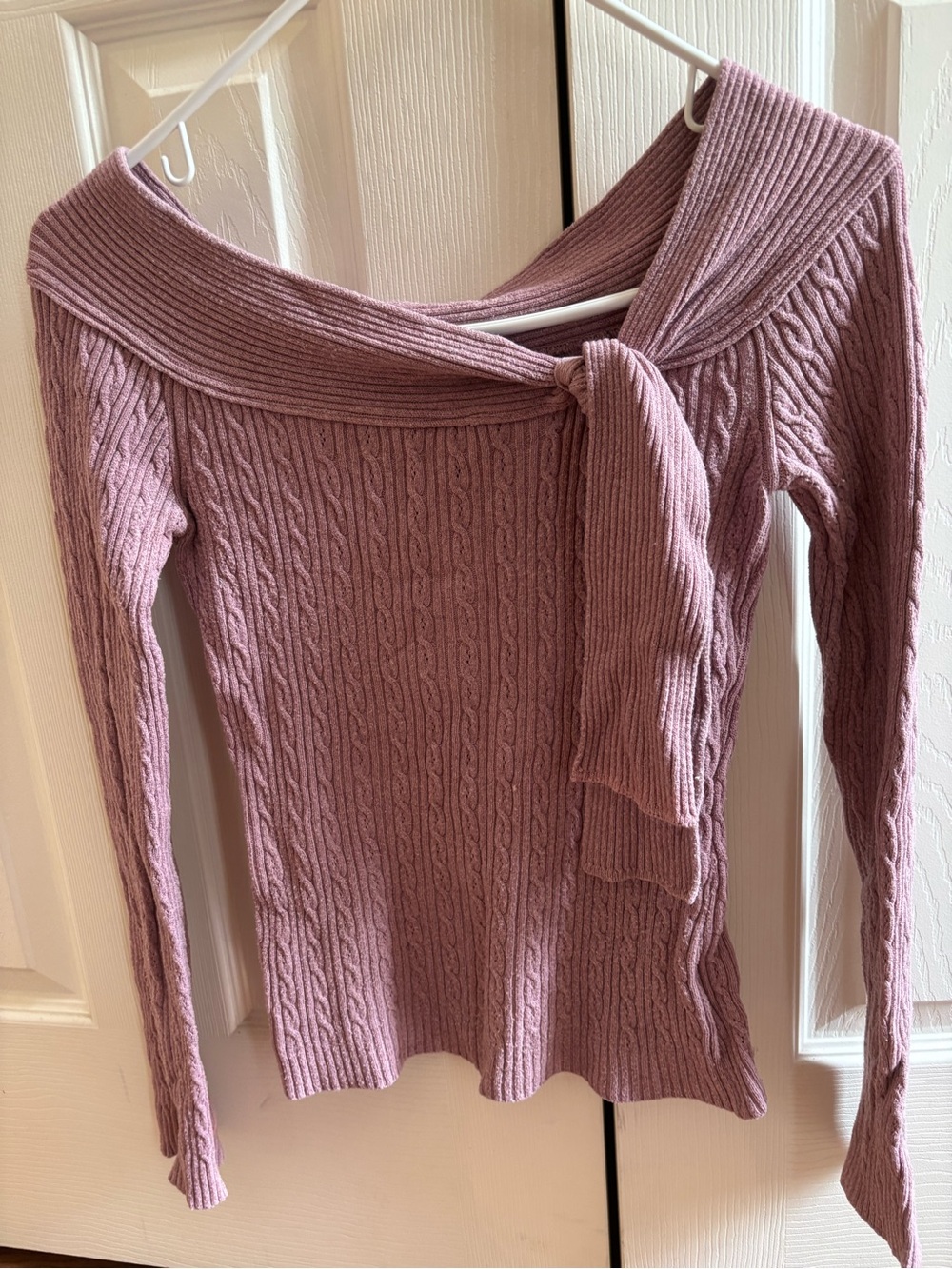 Arden B Mauve Off-Shoulder Cable Knit Sweater
